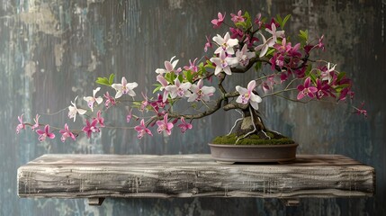 A captivating flowering orchid bonsai tree with delicate pink and white blossoms, elegantly displayed on a rustic wooden shelf. The intricate branches and leaves create a sense of harmony. 