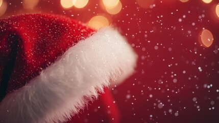 Fluffy Santa cap on a red backdrop, close-up of the brim.
