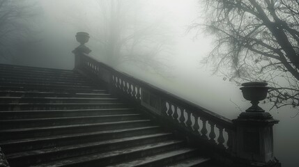 Obraz premium Staircase disappearing into mist, creating an ethereal atmosphere