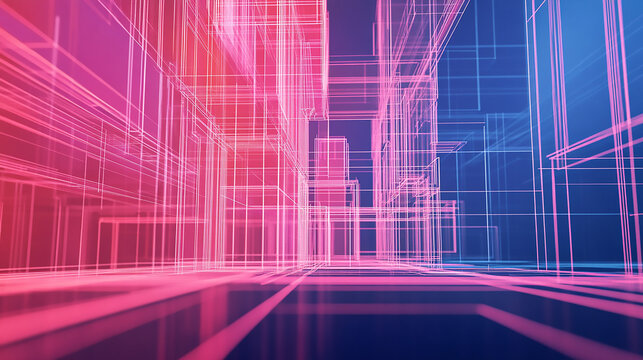 Asphalt road and modern city A digital illustration of a leased line internet connection between two modern buildings. 3D digital model of a modern building


