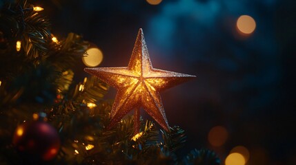 Illuminated Star on Christmas Tree with Bokeh Lights