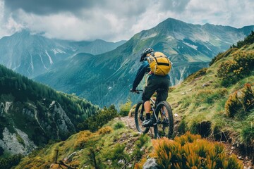 Mountain biker cyclist riding a bicycle downhill on a mountain bike trail.