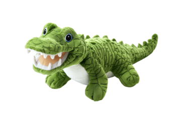 Soft plush crocodile toy isolated on transparent background for children