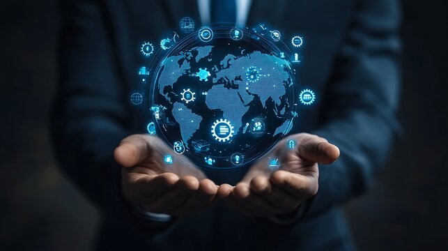 Businessman holding a digital world map with gear icons