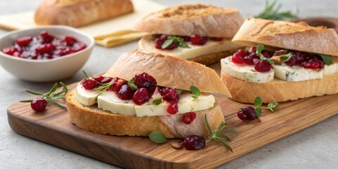 Gourmet Cranberry and Herb Cheese Crostini on a Rustic Wooden Cutting Board