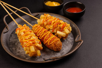 Delicious Crunchy Korean Style Chunky Potato Corndogs and Mozarella Corndogs. 