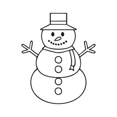 Simple black and white outline illustration of a cheerful snowman with a scarf, hat, and stick arms