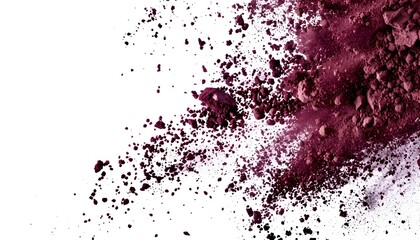 Fototapeta premium Burgundy soil burst suspended in mid-air, with intricate patterns of dust and particles creating a vibrant display against a white background. 40k, full ultra hd, high resolution