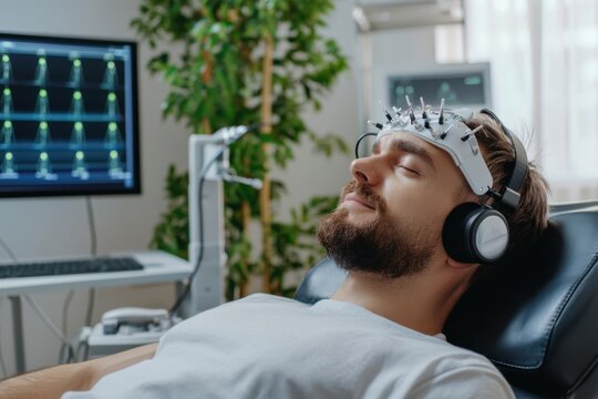 Patient receives transcranial magnetic stimulation treatment with headset