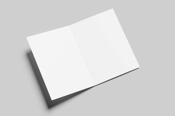 Blank brochure. Mockup of empty brochure with fold. White card, leaflet and booklet. Open flyer isolated on gray background