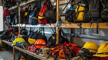 Array of industrial safety gear laid out in a designated storage area, promoting tidiness and organization in the workplace