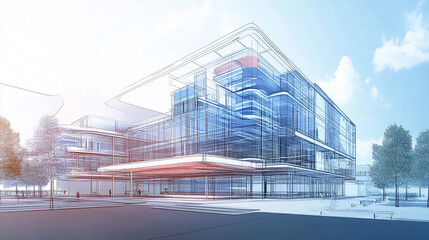 Obraz premium Industrial construction, wireframe rendering, technical illustration Create a blueprint for a modern office building emphasizing energy efficiency