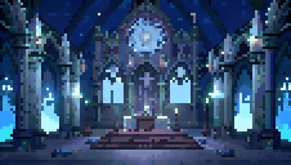 Gothic cathedral interior pixel art background. 8-bit game assets