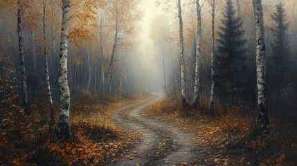 Obraz premium A winding dirt path through a misty birch forest