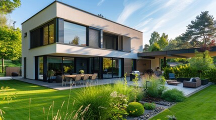 View of luxurious modern house exterior with dining space and garden.