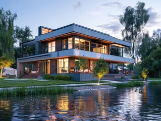 Fototapeta premium Modern house by the river at evening.