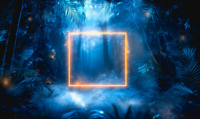 A mesmerizing glowing square frame floats in a dense, atmospheric forest, surrounded by mist and illuminated with vibrant neon hues, creating a surreal ambiance.