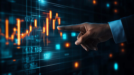 Close-up of businessman's hand pointing at digital growth chart, modern office background, glowing virtual lines and bars, professional environment, emphasis on financial growth