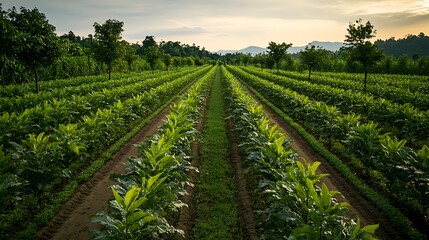 Green Rows of Plants in a Farm Field Photo