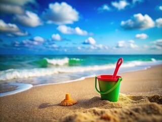 Tiny beach tools, perfectly posed, blurred background creates a miniature world.