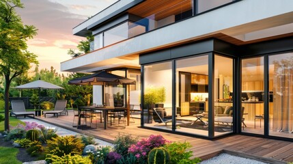View of luxurious modern house exterior with dining space and garden.