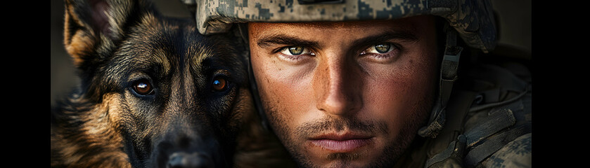 Naklejka premium Close-up Portrait of a Soldier and His Loyal German Shepherd Dog, Both Looking Intensely into the Camera, with a Sense of Duty and Commitment