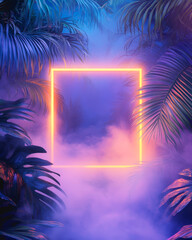 A mesmerizing tropical scene featuring a glowing neon pastel frame surrounded by lush plants and vibrant mist, creating a surreal and artistic atmosphere.