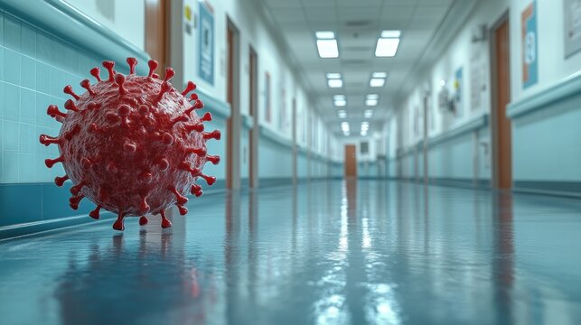 A large virus model in a hospital corridor, symbolizing health crises.