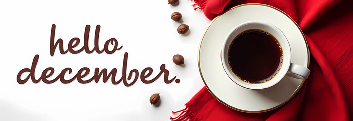 Hello December with coffee in a cup on a saucer and a red scarf and brews on a light background top view