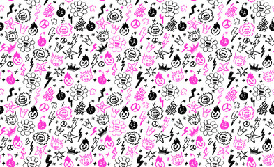 Grunge rock seamless pattern with doodle elements. Wax pencil drawing face with tongue out, cartoon thunderbolt like children drawing and other rock n roll style white and pink color vector elements.