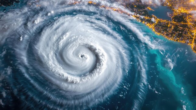 Aerial view of a powerful hurricane swirling over the ocean, dramatic natural phenomenon.