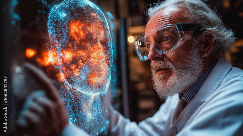 Poster a man in a lab coat is examining a computer screen displaying a 3d image of a face. he is focused an