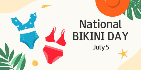 Obraz premium National Bikini Day. July 5. Summer background with beach, swimsuit, hat, green leaves. Horizontal banner, greeting card, poster, flyer.