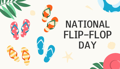 Obraz premium National Flip Flop day. Horizontal summer background with flip flops. Design for greeting card, banner, poster, flyer, background, brochure. Vector illustration.