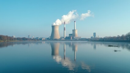 Industrial power plant reflection on tranquil lake with blue sky