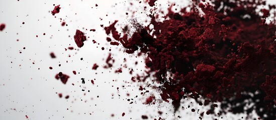 Dark red soil burst suspended mid-air, with particles creating a dynamic and intricate visual against a white backdrop. 40k, full ultra hd, high resolution