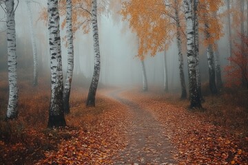 Obraz premium A Path Through a Foggy Birch Forest in Autumn