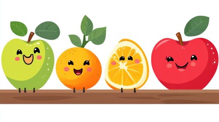 Cute fruit clipart with smiling faces on apples and oranges