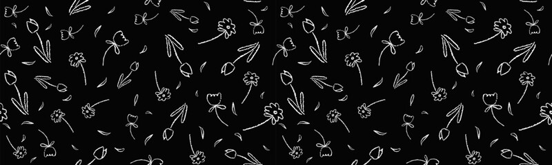 Monochrome seamless vector pattern with simple flowers. White botanical elements drawing by wax pencil on blackboard. Vector floral background for children's drawing with chalk with doodle elements.