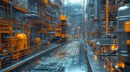 Fototapeta premium Industrial facility with machinery and intricate piping systems.
