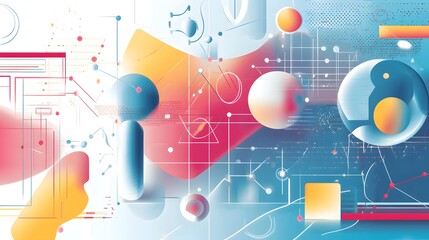 A colorful abstract painting with many shapes and lines. The painting is full of energy and movement, with a sense of chaos and complexity. The colors are bright and bold