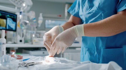 Nurse carefully examines postoperative incision for healing progress