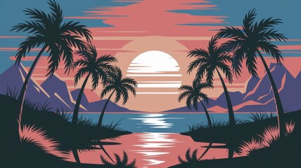 Sunset Beach with Silhouetted Palm Trees and Tropical Ocean