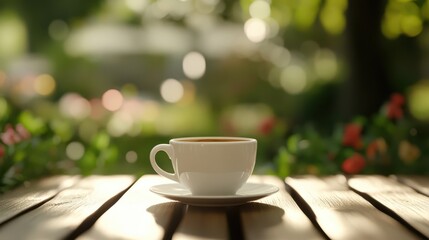 Fototapeta premium A white cup of coffee on a wooden table in a garden, realistic
