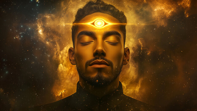 A tranquil young man with a third eye opening at his forehead