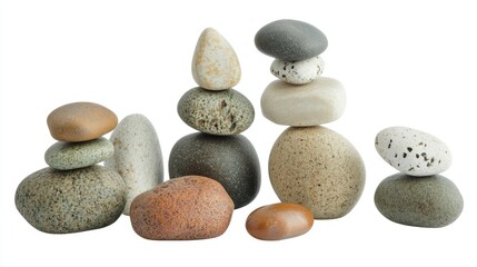 Zen stones in balanced stack, isolated on white, smooth textures, serene composition