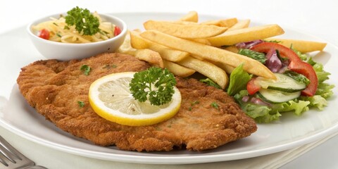 A crispy breaded cutlet served with golden french fries, a fresh green salad, and a wedge of lemon, ready to enjoy.