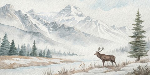 A Solitary Stag Admires the Majestic Snowy Mountain Range, Surrounded by a River, and Lush Pine Trees, Rendered in Delicate Watercolor Tones