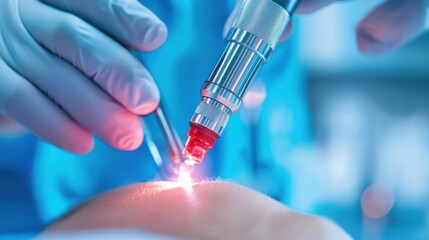Laser treatment focused on patient’s chin in closeup shot