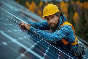 Solar power engineer installing solar panels, on the roof, electrical technician at work, alternative renewable green energy generation.